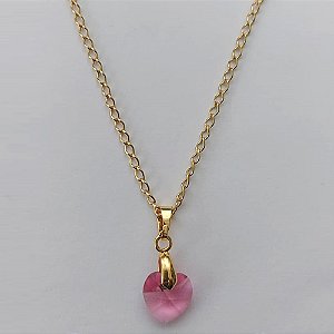 GARGANTILHA FOLHEADA A OURO CORRENTE 45CM COM PINGENTE CORAÇÃO EM ZIRCÔNIA ROSA 9X9MM FECHO REDONDO OUGG000095