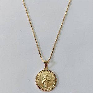GARGANTILHA FOLHEADA A OURO CORRENTE BOLINHA 40CM MEDALHA SÃO FRANCISCO DE ASSIS 23MM FECHO REDONDO OUGG000099