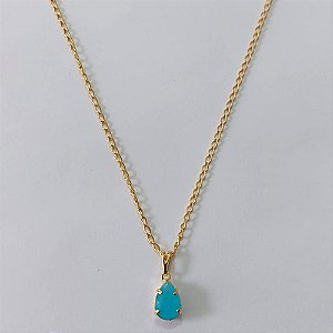 GARGANTILHA FOLHEADA A OURO CORRENTE CADEADO 42CM PINGENTE ZIRCÔNIA AZUL LEITOSO 7X10MM FECHO REDONDO OUGG000104