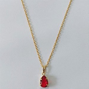 GARGANTILHA FOLHEADA A OURO CORRENTE CADEADO 42CM PINGENTE ZIRCÔNIA VERMELHA 7X10MM FECHO REDONDO OUGG000106