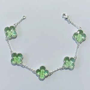 PULSEIRA FOLHEADA A PRATA COM 50 MILÉSIMOS + VERNIZ DIAMOND 18CM TREVO VERDE VIDRO 13MM PRPS000918