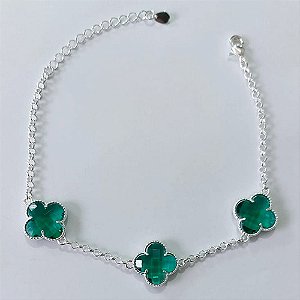 PULSEIRA FOLHEADA A PRATA COM 50 MILÉSIMOS + VERNIZ DIAMOND 17CM TREVO VERDE VIDRO 13MM PRPS000919