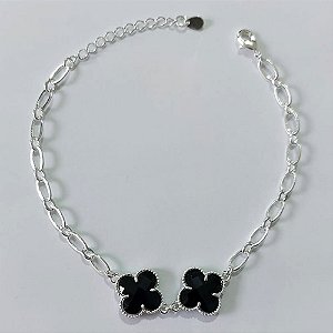 PULSEIRA FOLHEADA A PRATA COM 50 MILÉSIMOS + VERNIZ DIAMOND 18CM TREVO PRETO DE VIDRO 13MM+ EXTENSOR PRPS000922