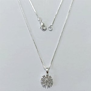 GARGANTILHA FOLHEADA A PRATA COM 50 MILÉSIMOS + VERNIZ DIAMOND CORRENTE VENEZIANA PINGENTE FLOR COM ZIRCÔNIAS CRISTAIS 10MM PRGG001123