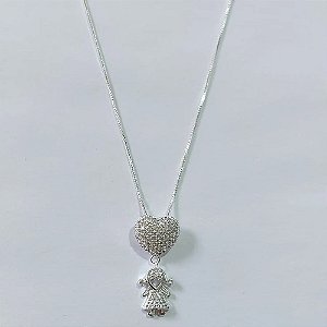 GARGANTILHA FOLHEADA A PRATA COM 50 MILÉSIMOS + VERNIZ DIAMOND CORRENTE VENEZIANA 45CM MENINA E CORAÇÃO CRAVEJADOS COM MICRO ZIRCÔNIAS 14MM PRGG001131