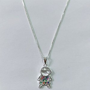 GARGANTILHA FOLHEADA A PRATA COM 50 MILÉSIMOS + VERNIZ DIAMOND CORRENTE VENEZIANA 45CM MENINO COM MICRO ZIRCÔNIAS 13MM PRGG001142
