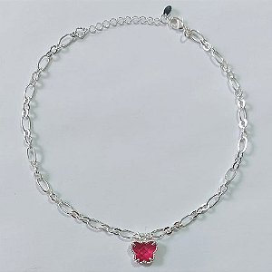TORNOZELEIRA FOLHEADA A PRATA COM 50 MILÉSIMOS + VERNIZ DIAMOND 25CM COM PINGENTE BORBOLETA DE VIDRO ROSA 11MM + EXTENSOR PRTO000098