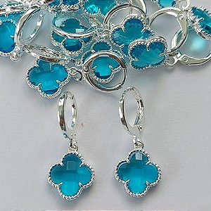 BRINCO FOLHEADO A PRATA COM 50 MILÉSIMOS + VERNIZ DIAMOND ARGOLA DE PRESSÃO TREVO AZUL VIDRO 10MM(PRA371) PRBR000884