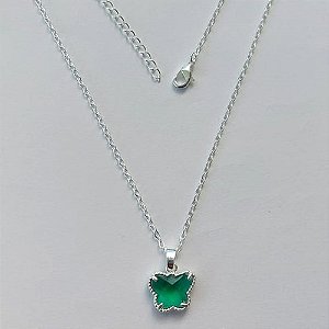 GARGANTILHA FOLHEADA A PRATA COM 50 MILÉSIMOS + VERNIZ DIAMOND - GARGANTILHA CORRENTE CADEADO 45CM PINGENTE VAN CLEEF BORBOLETA VERDE VIDRO 11MM - FECHO LAGOSTA (PRA305) PRGG001155