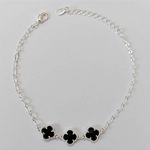 PULSEIRA FOLHEADA A PRATA COM 50 MILÉSIMOS + VERNIZ DIAMOND 18CM COM 3 TREVOS PRETOS EM VIDROS 10MM + EXTENSOR FECHO LAGOSTA PRPS000949