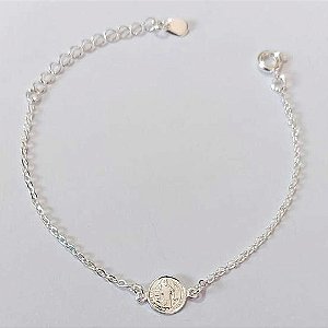 PULSEIRA FOLHEADA A PRATA COM 50 MILÉSIMOS + VERNIZ DIAMOND INFANTIL 13CM MEDALHA SÃO BENTO 8MM + EXTENSOR FECHO LAGOSTA PRPS000950