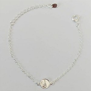 PULSEIRA FOLHEADA A PRATA COM 50 MILÉSIMOS + VERNIZ DIAMOND INFANTIL 13CM PINGENTE NOSSA SRA DE FÁTIMA + EXTENSOR E FECHO REDONDO PRPS000957