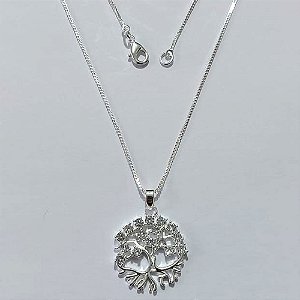 GARGANTILHA FOLHEADA A PRATA COM 50 MILÉSIMOS + VERNIZ DIAMOND CORRENTE 42CM PINGENTE ÁRVORE DA VIDA COM MICRO ZIRCÔNIAS 20MM FECHO LAGOSTA PRGG001194