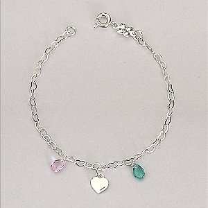 PULSEIRA FOLHEADA A PRATA COM 50 MILÉSIMOS + VERNIZ DIAMOND INFANTIL 14CM CORAÇÃO E PEDRAS COLORIDAS E FECHO REDONDO PRPS000960