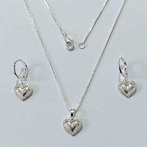 CONJUNTO FOLHEADO A PRATA COM 50 MILÉSIMOS + VERNIZ DIAMOND CORRENTE VENEZIANA 45CM MAIS PINGENTE CORAÇÃO 10MM BRINCO ARGOLA DE PRESSÃO CORAÇÃO LISO 10MM PRCJ000195