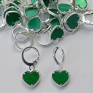 BRINCO FOLHEADO A PRATA COM 50 MILÉSIMOS + VERNIZ DIAMOND ARGOLA DE PRESSÃO CORAÇÃO VERDE 10MM(PRA374) PRBR000939