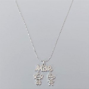 GARGANTILHA FOLHEADA A PRATA COM 50 MILÉSIMOS + VERNIZ DIAMOND CORRENTE L 11  45CM + EXTENSOR PINGENTE MÃE COM MENINA E MENINO CRAVEJADO EM MICROS ZIRCÔNIAS 23MM PRGG001212