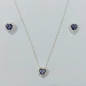 CONJUNTO FOLHEADO A PRATA COM 50 MILÉSIMOS  + VERNIZ DIAMOND CORRENTE CADEADO 45CM PINGENTE E BRINCOS DE PINOS CORAÇÃO COM ZIRCÔNIA LILÁS E CRAVEJADO EM MICROS ZIRCÔNIAS CRISTAIS 10MM PRCJ000090