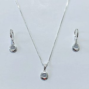 CONJUNTO FOLHEADO A PRATA COM 50 MILÉSIMOS + VERNIZ DIAMOND CORRENTE VENEZIANA 45CM BRINCO ARGOLA DE PRESSÃO COM ZIRCÔNIA REDONDA E PINGENTE REDONDO 6MM PRCJ000091