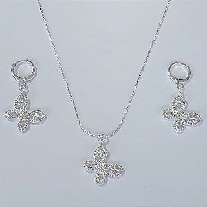 CONJUNTO FOLHEADO A PRATA COM 50 MILÉSIMOS  + VERNIZ DIAMOND CORRENTE  45CM PINGENTE E BRINCOS ARGOLA DE PRESSÃO COM BORBOLETA CRAVEJADA EM MICROS ZIRCÔNIAS CRISTAIS 16MM  PRCJ000095