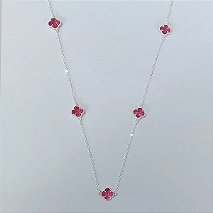 GARGANTILHA FOLHEADA A PRATA COM 50 MILÉSIMOS + VERNIZ DIAMOND CORRENTE 50CM TREVO ROSA VIDRO 10MM PRGG001218