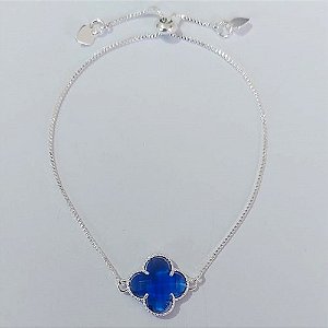 PULSEIRA FOLHEADA A PRATA COM 50 MILÉSIMOS + VERNIZ DIAMOND AJUSTÁVEL TREVO AZUL VIDRO 13MM PRPS000970