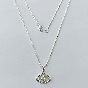 GARGANTILHA FOLHEADA A PRATA COM 50 MILÉSIMOS + VERNIZ DIAMOND CORRENTE VENEZIANA COM PINGENTE OLHO GREGO COM MICRO ZIRCÕNIAS 16MM PRGG001230