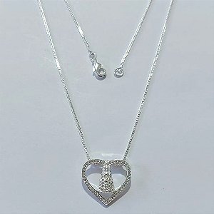 GARGANTILHA FOLHEADA A PRATA COM 50 MILÉSIMOS + VERNIZ DIAMOND CORRENTE VENEZIANA COM PINGENTE NOSSA SENHORA APARECIDA FORMATO CORAÇÃO COM MICRO ZIRCÔNIAS 17MM PRGG001244