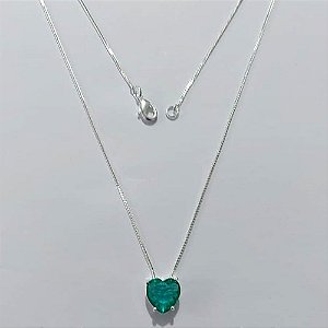 GARGANTILHA FOLHEADA A PRATA COM 50 MILÉSIMOS + VERNIZ DIAMOND CORRENTE VENEZIANA 45CM COM PINGENTE CORAÇÃO DE ZIRCÔNIA VERDE 10MM PRGG001246