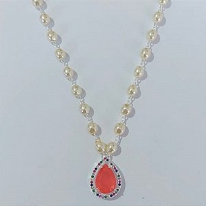 GARGANTILHA FOLHEADA A PRATA COM 50 MILÉSIMOS + VERNIZ DIAMOND CORRENTE PÉROLAS 45CM + EXTENSOR PINGENTE ZIRCÔNIA ROSA TODA CRAVEJADA COM MICRO ZIRCÔNIAS 15X20MM PRGG001262