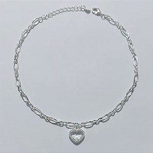 TORNOZELEIRA FOLHEADA A PRATA COM 50 MILÉSIMOS + VERNIZ DIAMOND 25CM COM PINGENTE CORAÇÃO BRANCO 11MM + EXTENSOR PRTO0000103
