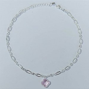 TORNOZELEIRA FOLHEADA A PRATA COM 50 MILÉSIMOS + VERNIZ DIAMOND 25CM COM PINGENTE TREVO ROSA VIDRO 10MM + EXTENSOR PRTO0000109