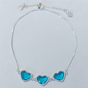 PULSEIRA FOLHEADA A PRATA COM 50 MILÉSIMOS + VERNIZ DIAMOND AJUSTÁVEL CORAÇÃO AZUL VIDRO 13MM PRPS000971