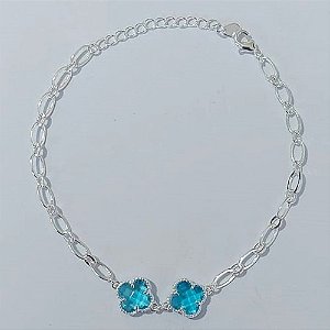 PULSEIRA FOLHEADA A PRATA COM 50 MILÉSIMOS + VERNIZ DIAMOND 18CM  TREVOS AZUÍS VIDROS 10MM PRPS000974