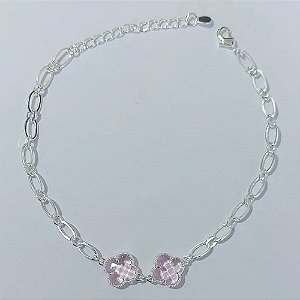 PULSEIRA FOLHEADA A PRATA COM 50 MILÉSIMOS + VERNIZ DIAMOND 18CM TREVOS ROSAS VIDROS 10MM PRPS000976