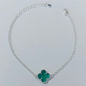 PULSEIRA FOLHEADA A PRATA COM 50 MILÉSIMOS + VERNIZ DIAMOND 17CM TREVO VERDE VIDRO 13MM PRPS000977