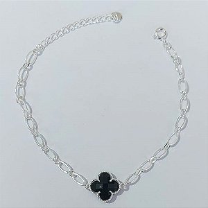 PULSEIRA FOLHEADA A PRATA COM 50 MILÉSIMOS + VERNIZ DIAMOND 17CM + EXTENSOR TREVO PRETO VIDRO 10MM PRPS000978