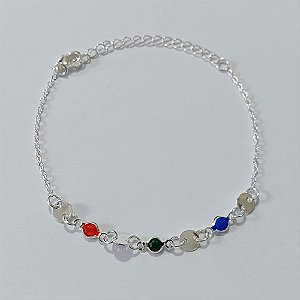 PULSEIRA FOLHEADA A PRATA COM 50 MILÉSIMOS + VERNIZ DIAMOND 15CM COM BOLINHAS LISAS E PEDRA CRISTAL COLORIDAS + EXTENSOR PRPS000985
