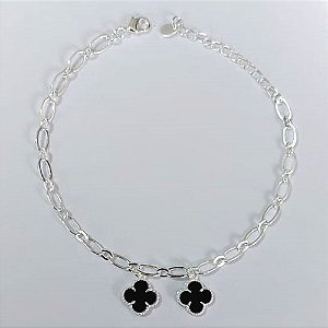 PULSEIRA FOLHEADA A PRATA COM 50 MILÉSIMOS + VERNIZ DIAMOND 18CM TREVOS PRETOS 10MM + EXTENSOR PRPS000991
