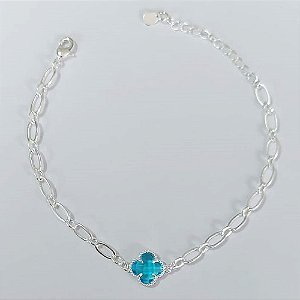 PULSEIRA FOLHEADA A PRATA COM 50 MILÉSIMOS + VERNIZ DIAMOND 18CM TREVO AZUL VIDRO 10MM + EXTENSOR PRPS000992