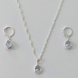 CONJUNTO FOLHEADO A PRATA COM 50 MILÉSIMOS + VERNIZ DIAMOND CORRENTE SINGAPURA 45CM PINGENTE E BRINCO COM ARGOLA DE PRESSÃO ZIRCÔNIA CRISTAL 8MM PRCJ000099