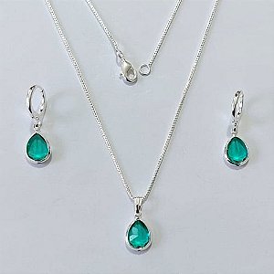CONJUNTO FOLHEADO A PRATA COM 50 MILÉSIMOS + VERNIZ DIAMOND CORRENTE VENEZIANA 45CM PINGENTE E BRINCO COM ARGOLA DE PRESSÃO ZIRCÔNIA VERDE 8MM PRCJ000100