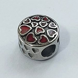 BERLOQUE EM AÇO INOXIDÁVEL 316L REDONDO COM CORAÇÕES VERMELHOS 11MM - COMPOSIÇÃO 100% AÇO INOXIDÁVEL (AÇO1058) ACBQ000035