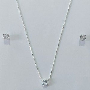 CONJUNTO FOLHEADO A PRATA COM 50 MILÉSIMOS + VERNIZ DIAMOND CORRENTE VENEZIANA 42CM PINGENTE 10MM E BRINCO PINO ZIRCÕNIA CRISTAL 8MM FECHO LAGOSTA PRCJ000114