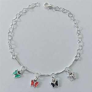 PULSEIRA FOLHEADA A PRATA COM 50 MILÉSIMOS + VERNIZ DIAMOND 18CM CORRENTE CORAÇÃO COM BORBOLETAS COLORIDAS FECHO LAGOSTA PRPS001000