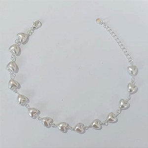 PULSEIRA FOLHEADA A PRATA COM 50 MILÉSIMOS + VERNIZ DIAMOND 19CM FORMATO CORAÇÃO EM PÉROLAS FECHO LAGOSTA + EXTENSOR PRPS001001