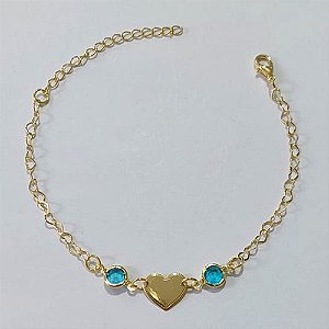 PULSEIRA FOLHEADA A OURO - BANHADO COM 3 MILÉSIMOS + VERNIZ DIAMOND - PULSEIRA 16CM COM PEDRAS CRISTAIS AZUÍS E CORAÇÃO LISO OUPS000030
