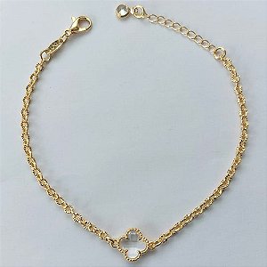 PULSEIRA FOLHEADA A OURO - BANHADO COM 5 MILÉSIMOS + VERNIZ DIAMOND - PULSEIRA COM PINGENTE TREVO EM VIDRO CRISTAL 10MM - TAMANHO: 16CM + EXTENSOR - FECHO LAGOSTA (OURO094) OUPS000032