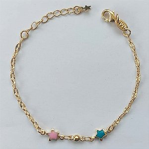 PULSEIRA FOLHEADA A OURO - BANHADO COM 5 MILÉSIMOS + VERNIZ DIAMOND - PULSEIRA INFANTIL COM DUAS ESTRELINHAS - TAMANHOS: 13CM + EXTENSOR (OURO093) OUPS000034