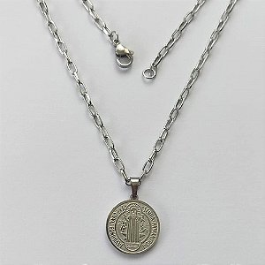 GARGANTILHA EM AÇO INOXIDÁVEL - (ACO012) GARGANTILHA COM PINGENTE REDONDO SÃO BENTO 17MM - COMPRIMENTO: 50CM - FECHO LAGOSTA (ACO1193) ACGG000189